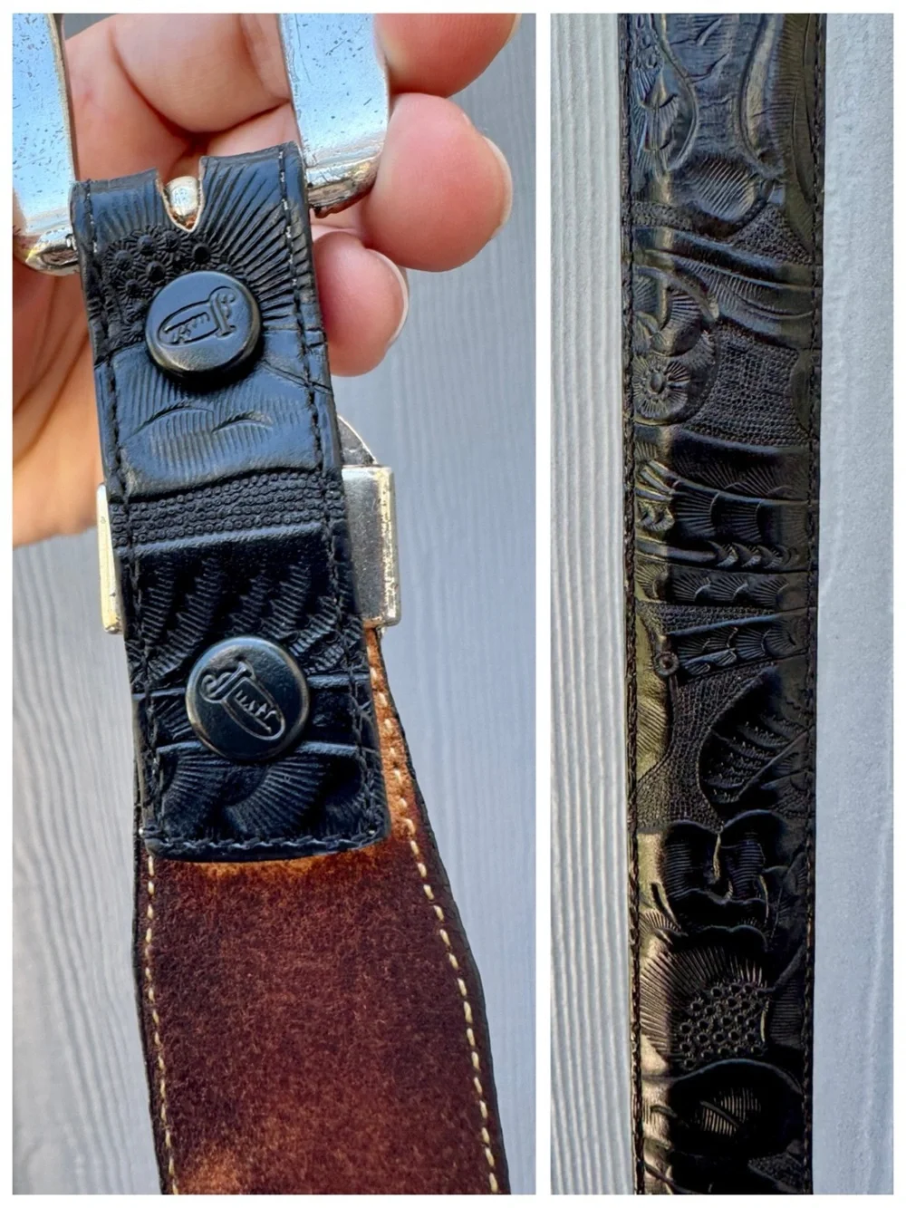 Vintage Justin Western Belt, Black Tooled (Embossed) Floral Leather sz. 30 - Picture 7 of 17
